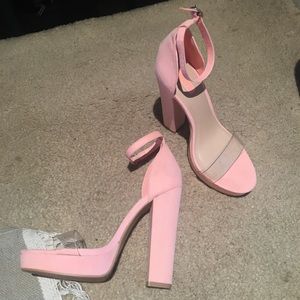 Neon pink clear front strap heels